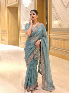 Luxury Embroidered <b>Tissue</b> Silk Saree with Designer Border, Premium <b>Wedding</b>, Party & Festive Wear Saree for Women - Product Image 2