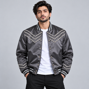 Chaquetas de Satén con Pedrería Personalizadas para Hombre, Chaqueta Bomber de Lujo con Cristales Brillantes, Prenda Elegante para Fiestas, Diseño Casual - Product Image 1
