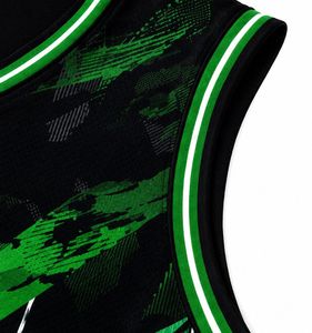 Maillot de basketball personnalisé sublimé pour homme, sans manches, col en V, anti-humidité, polyester/coton, imprimé vert et noir, coupe classique - Product Image 6