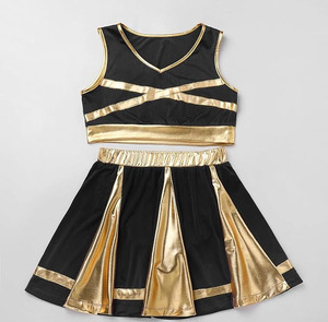Ensemble uniforme de pom-pom girl noir et or avec coutures contrastées, fermetures éclair, séchage rapide, haut court sans manches, taille haute, en Spandex et Polyester unis - Product Image 3