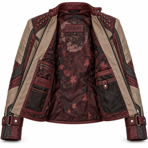 Tan Burgundy Leather Jacket Women Gothic Forest Moon Graphic <b>Studded</b> Snap Neck <b>Belted</b> Cuff Biker Coat Custom Manufacturer Offer - Product Image 5