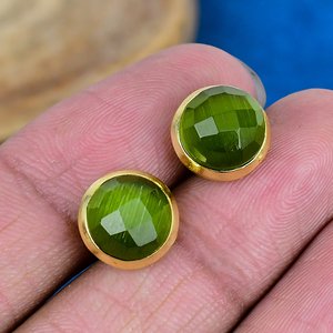 Natural Green Monalisa Quartz Round Gemstone <b>Stud</b> <b>Earring</b> 18k Gold Finish Over 925 Sterling Silver - Product Image 2