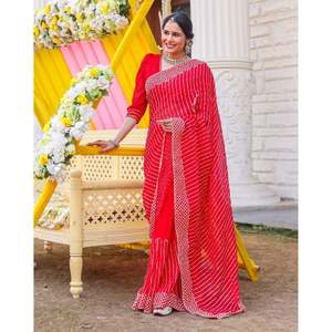 Sari en soie rouge profond avec broderie Gotta, infroissable, collection de créateur pour mariages, Diwali et fêtes, export. - Product Image 1