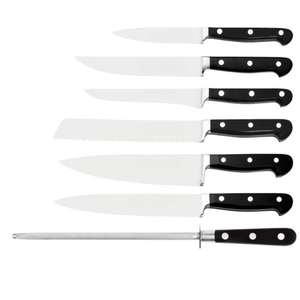 Juego de Cuchillos de Cocina de Acero Inoxidable de Alta Calidad de 7 Piezas con Mangos Negros Remachados, Soporte de Almacenamiento de Madera y Cuchilla de Afilar - Product Image 2