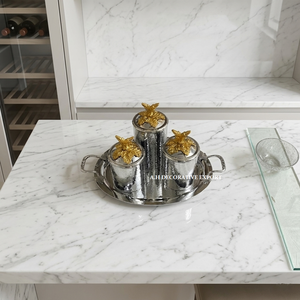 Luxury Hammered Stainless Steel Canister Set with Gold Leaf Knobs Decorative 3-Piece <b>Spice</b> & Dry Fruit Jar Set with Serving <b>Tray</b> - Product Image 2