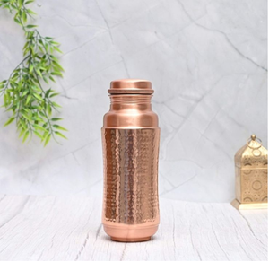 Distinctive dotted <b>hammered</b> copper bottles set, unique gold wire <b>loop</b> handles on leakproof caps, durable metal water storage. - Product Image 4