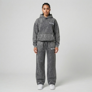 Conjunto de Sudadera Oversize Gris Lavado Personalizado y Pantalones Anchos de Felpa para Mujer, Chándal de Algodón Estilo Urbano OEM ODM - Product Image 1