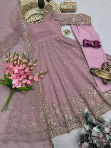 Women Traditional Indian Pakistani Salwar Kameez Floor Length Embroidered Polyester Wedding <b>Dress</b> <b>Loose</b> Fit Pink Gold Trim - Product Image 4