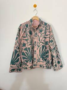 <b>Pink</b> Mandarin Collar Knitted Velvet Suzani Embroidered Jacket Green Floral Hand Embroidery Cotton Lining Eco-Friendly Boho Style - Product Image 1