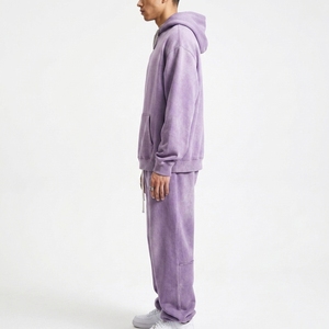 Men's Vintage <b>Purple</b> Hooded Acid Wash 2-in-1 Tracksuit Set Solid Color Full Sleeve Drawstring Sweatshirt Pants Regular Fit 100% - Product Image 3