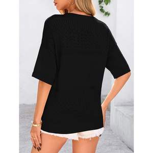 Blusa de Manga Corta con Cuello en V para Mujer, Personalizada, Primavera-Verano 2025, Informal, de Punto Acanalado, Moderna, con Ojales - Product Image 3