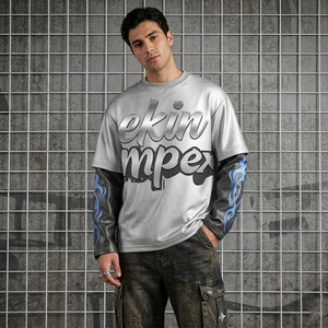 2027 Trendy Oversized Metallic Letter Print Long Sleeve T-<b>Shirt</b> Men Streetwear Hip Hop <b>Flame</b> Patchwork Baggy Fit Tee - Product Image 3