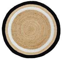 Tapis rond en jute fait main avec bordure noire et blanche, tressé, style farmhouse bohème, en fibres naturelles