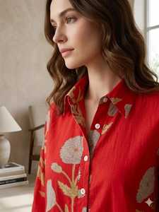 Red Block Printed Cotton Shirt Dress Women Long Sleeve Button Front A Line Printed <b>Indian</b> Pakistani <b>Top</b> - Product Image 4