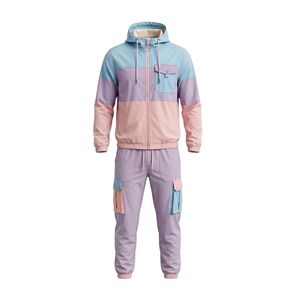 Ensemble de survêtements coupe-vent légers à capuche deux pièces, couleur pastel, blocs de couleurs, style cargo, ensemble de survêtements coupe-vent utilitaires - Product Image 2