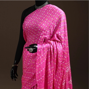 Sari artisanal en pure soie Gajji, style Bandhej, traditionnel du Rajasthan, teinture tie-dye, pour mariée - Product Image 2