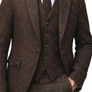 Ventoria Enterprises Men's <b>Brown</b> <b>Tweed</b> Argyle Kilt <b>Jacket</b> with Vest for Winter Scottish Wedding 220g Woolen Fabric - Product Image 3