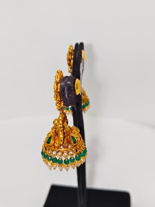 Antique 22k Solid Gold <b>Drop</b> <b>Earrings</b> Handcrafted Lakshmi Motif with Green <b>Emeralds</b> and Natural Pearls for Wedding Occasions - Product Image 3