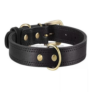 Collar de perro de cuero sólido negro y marrón resistente de doble costura fuerte y duradero para todas las razas con hebilla de latón D Ring & loop - Product Image 3