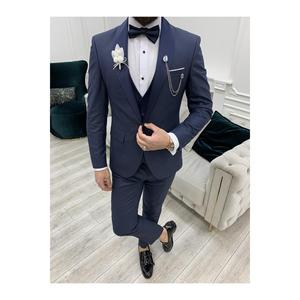 Smoking da uomo abito da sposo scialle con risvolto e taglio italiano giacca Slim Fit pantaloni con cravatta a fiocco-blu Navy - Product Image 1