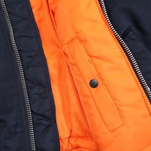 Men's Navy Blue Bomber <b>Jacket</b> Solid Color Zipper Closure Windproof Casual Outerwear Polyester Shell Orange Lining - Product Image 2