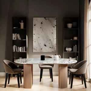 โต๊ะรับประทานอาหารทรงวงรีทันสมัยทำมือจากหินอ่อนทราเวอร์ทีนหรูหรา พร้อมฐานไม้เนื้อแข็งลายร่อง ดีไซน์เนอร์เฟอร์นิเจอร์สำหรับห้องรับประทานอาหาร - Product Image 1