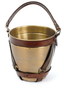 Luxury Antique Brass <b>Ice</b> Pail with Stitched Brown Leather Carrier Handle Farmhouse Style Iron Drink Tub Party 12L - Product Image 3