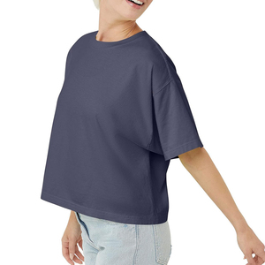 INDEX APPAREL Women's Navy Crop <b>Top</b> Crew Neck Short Sleeve Loose Fit Solid Color Casual Summer T-Shirt - Product Image 2