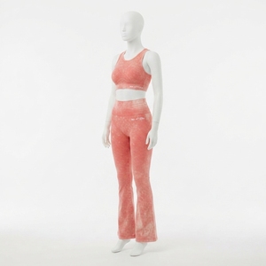 Conjunto de Yoga para Mujer, Color Naranja Coral, Lavado Ácido, Top Corto, Leggings de Cintura Alta con Corte Acampanado, Ropa Deportiva para Gimnasio y Entrenamiento - Product Image 4