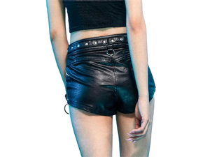 Shorts de cuero con tachuelas y cintura alta, con cordones en la parte delantera y detalles de remaches, color negro - Product Image 4