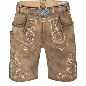 <b>Men's</b> <b>Brown</b> Leather Lederhosen With Embroidery And Button Closure High Waist Bavarian <b>Shorts</b> - Product Image 1