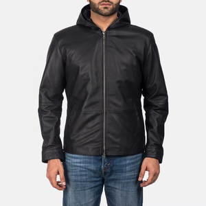 Blouson moto pour homme en cuir véritable noir, à capuche, fermeture éclair sur le devant, coupe classique, pour l'hiver, col montant, imperméable et coupe-vent - Product Image 1