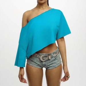 Wholesale Custom Women's Asymmetric <b>One</b> Shoulder Cropped <b>Top</b> Solid Color Loose Fit Three Quarter Sleeve Breathable Woven T-Shirt - Product Image 1