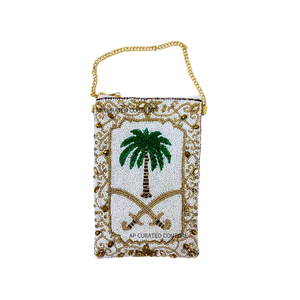Sac bandoulière pour téléphone en perles faites à la main, motif musulman, écologique, rayures roses, palmier, avec chaîne dorée, personnalisable AP - Product Image 3