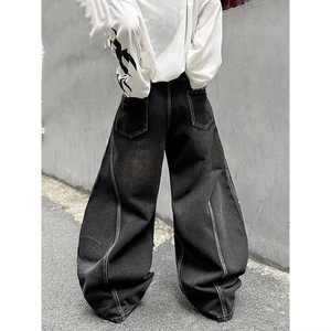 Men Vintage Urban Fashion Oversized Straight Jeans Loose Fit Washed Denim Streetwear <b>Pants</b> All Season - Product Image 3