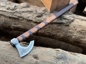 Premium Industrial Handmade Outdoor Builder's Axe <b>Head</b> Stainless Steel Blade Wooden Leather <b>Wrapped</b> Grip 6 Cutting Edge for - Product Image 1