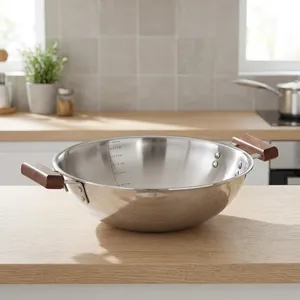 Poêle à frire profonde en acier inoxydable avec poignées en bois et marquages de mesure, robuste, pour la cuisine - Product Image 5
