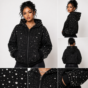 Sudaderas con cremallera de diamantes de imitación a la moda, con cristales brillantes, estilo urbano, extragrandes, de invierno, con logo personalizado, antiarrugas, fabricante OEM - Product Image 3