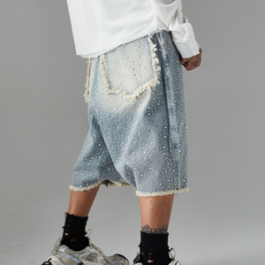 Pantalones Cortos Bermuda de Mezclilla para Hombre con Lentejuelas y Pedrería, Diseño de Puntos, Cintura Media, Cierre de Botones, Estilo Casual, Tejido de Lona - Product Image 2