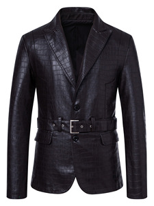 Men's Black Crocodile Texture <b>Leather</b> <b>Jacket</b> Full Sleeve Slim Fit All Seasons Style - Product Image 5