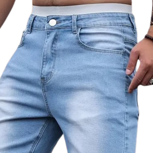 Shorts en jean stretch bleu clair pour homme Muqeet Ghazal, coupe droite ajustée, taille mi-haute, décontracté, en spandex/coton, séchage rapide, respirant, printemps - Product Image 3