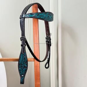Cabezal de caballo de cuero tallado a mano Floral turquesa con acentos de cristal para Rodeo Trail & Barrel Racing Tack - Product Image 5