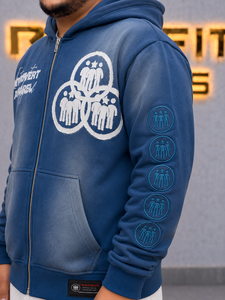 Sweat à capuche zippé bleu pour homme Rexfit Sports, en molleton French Terry, style streetwear, avec logo frontal et patchs sur les manches, fermeture éclair. - Product Image 5