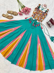 Ladies Teal Green Flared Panel <b>Lehenga</b> Choli Set Kutchi Mirror Work <b>Crop</b> <b>Top</b> Indo Western Garba Dress Ready to Ship - Product Image 5