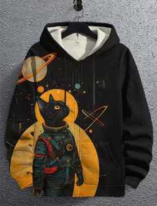 Sudadera con Capucha para Hombre, 100% Algodón, Estampado Digital de Gato Astronauta, Corte Regular, Ropa Casual de Invierno - Product Image 3