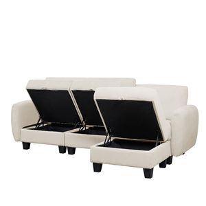 Divano in Tessuto Corduroy Beige e Bianco con Pouf, Elegante Arredamento per Soggiorno - Product Image 3