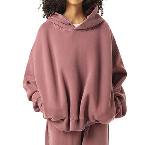 En stock, listo para enviar: Sudadera con capucha de estilo urbano al por mayor, ODM, lisa, de corte holgado, de forro polar, con lavado vintage y efecto desgastado, y diseño de cuello con broches. - Product Image 1