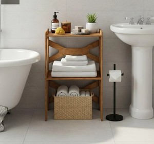 Étagère de salle de bain en bois à 3 niveaux, design minimaliste, unité de rangement avec barre porte-serviettes, organisateur gain de place pour les essentiels de bain - Product Image 5