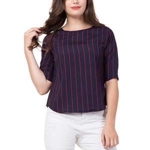 Women's Navy <b>Red</b> Stripe Three Quarter Sleeve O Neck Casual <b>Top</b> Regular Fit Woven Polyester Cotton Breathable All Seasons - Product Image 1