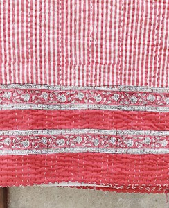 Silkgram Hand Pink Striped Cotton <b>Quilted</b> <b>Throw</b> Blanket Floral Border Traditional Indian Handmade Home Decor 300tc All-Season - Product Image 6